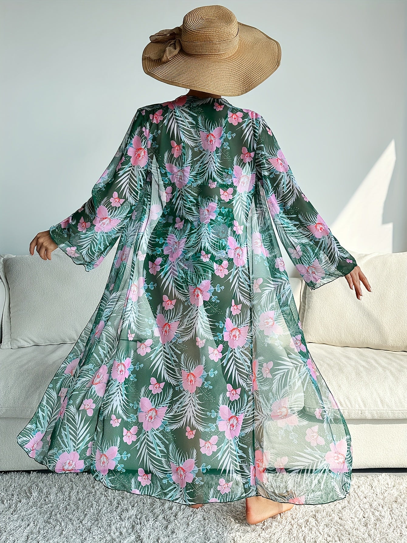 3 Piece Set Stretchy Floral Print Long Sleeve V Neck Tie Back Swimsuits - High Stretch Polyester Bikini Set with Kimono Cover Up - Perfect for Swimming and Beach Activities