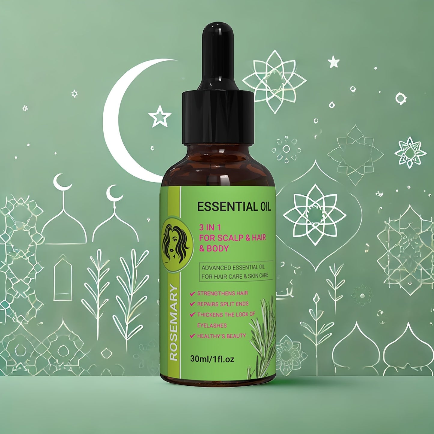 Rosemary Oil for Scalp/Hair/Body Care, 3in 1 for Strengthens Hair/Eyelashes, Moisture Body with Rosemary, Jojoba, Biotin, Olive Fruit, Sweet Almond and Rosa Rugosa Flower Plant Extract for Christmas Gift/Mum's Gift (Glass Bot