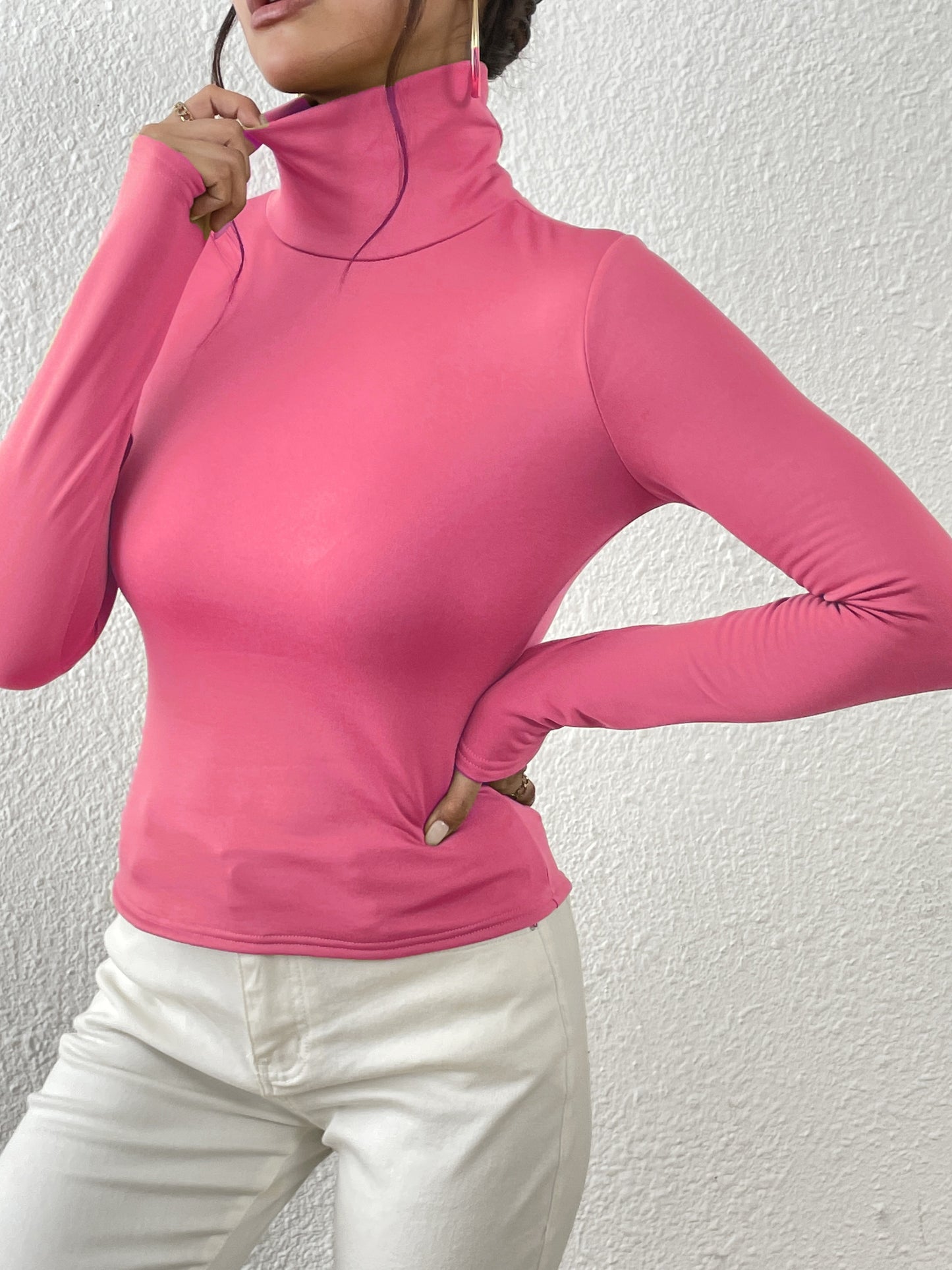 Women'S High-Neck Long Sleeve Crop Top - Stretchy Black Polyester Blend, Casual Chic Fit with Button Detail, Perfect for Fall/Winter, Casual Chic Top|Minimalist Style|Polyester Blend