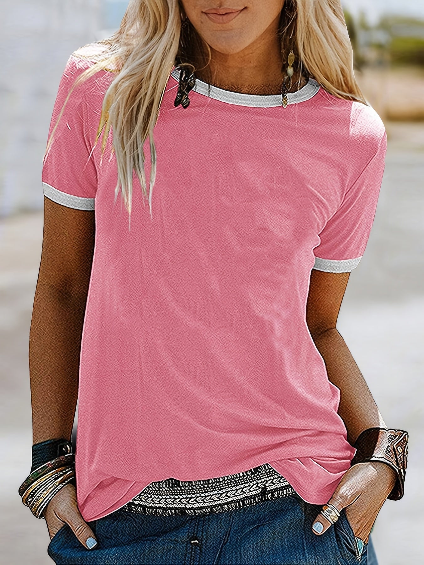 Summer Loose Crew Neck Short Sleeve Casual Simple T-shirt, Women's Clothing