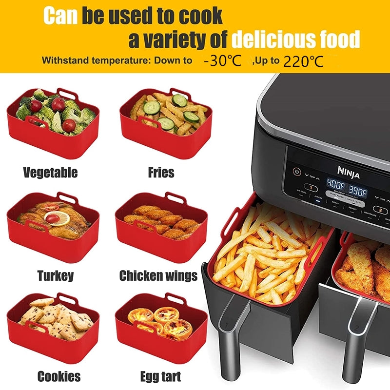 1/2pcs Square Air Fryer Silicone Pots - Reusable Non-Stick Baking Trays with Handles, High-Temp Resistant Oven & Air Fryer Liners, 19.48x12.7x6.99 cm, Easy Clean (Black/Red/Blue/Grey), Air Fryer Silicone Liners