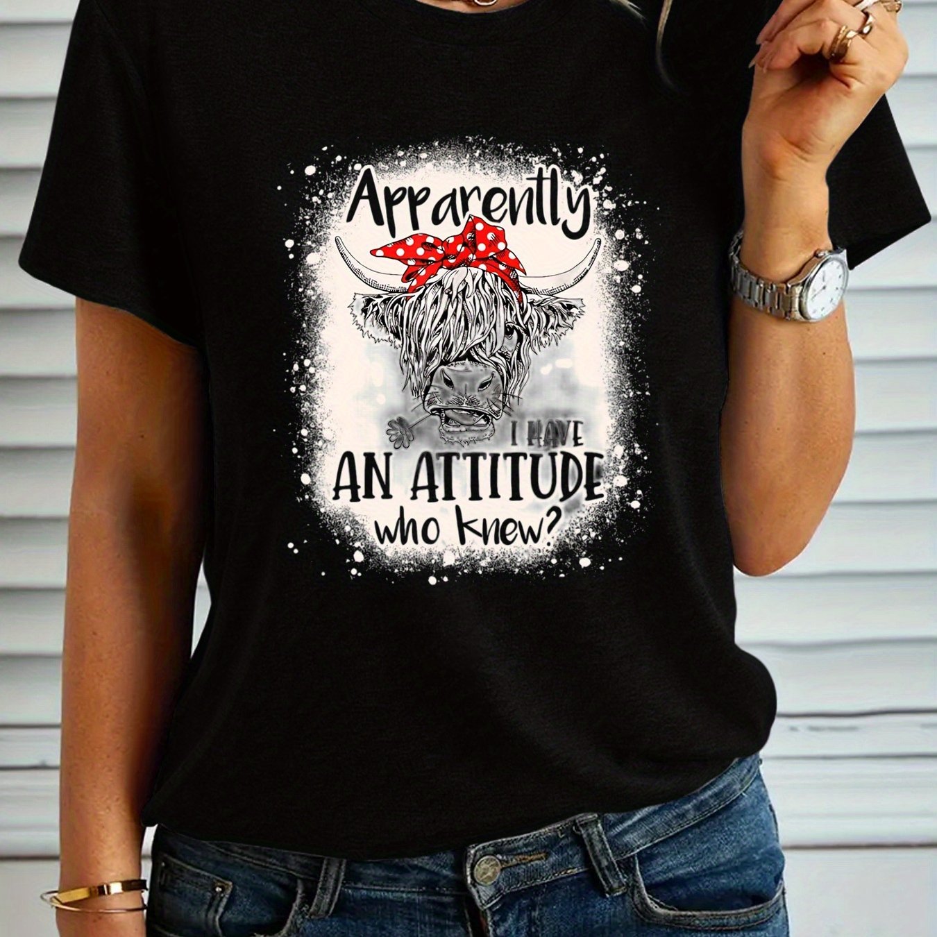 Women's Fashion T-shirt, "Apparently I Have An Attitude Who Knew" Highland Cow Pattern Casual Short Sleeve Top