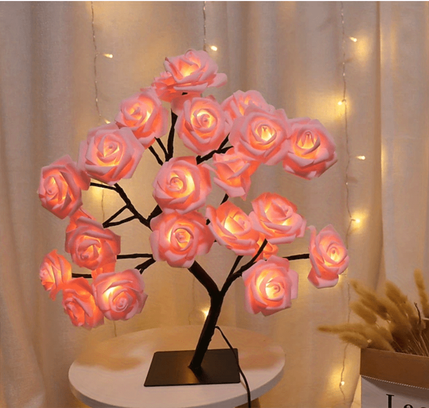 1pc LED Rose Flower Table Lamp, Valentine Tree Fairy Lights 24LED Rose Flower Tree Lights Valentine's Day USB Table Lamp Fairy Maple Leaf Night Light Home Party Christmas Wedding Bedroom Decoration Gift