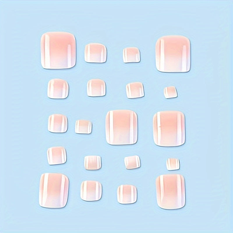 24pcs Toe Press On Nails Pink French Style Flower Pattern Fake Nails Glossy Artificial Toenail Manicure False Nails