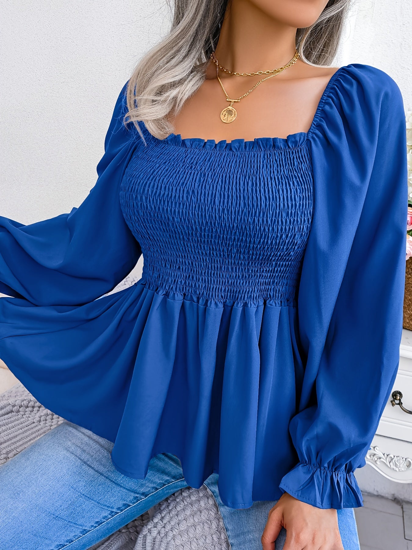 Shirred Lantern Sleeve Shirt, Casual Squared Neck Pleated Ruffle Trim Solid Shirt, Women's Clothing Wedding holiday vacation
