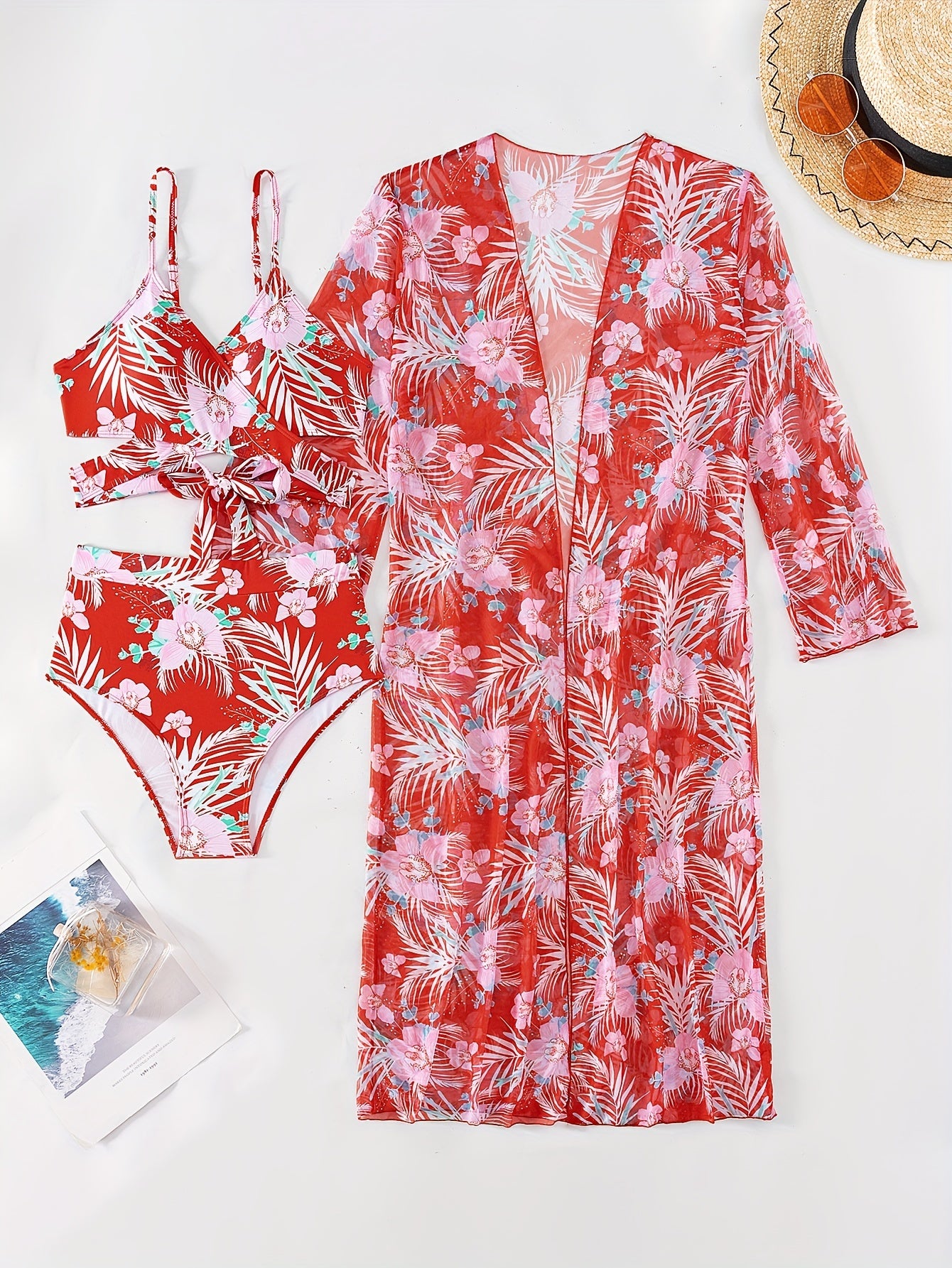 3 Piece Set Stretchy Floral Print Long Sleeve V Neck Tie Back Swimsuits - High Stretch Polyester Bikini Set with Kimono Cover Up - Perfect for Swimming and Beach Activities