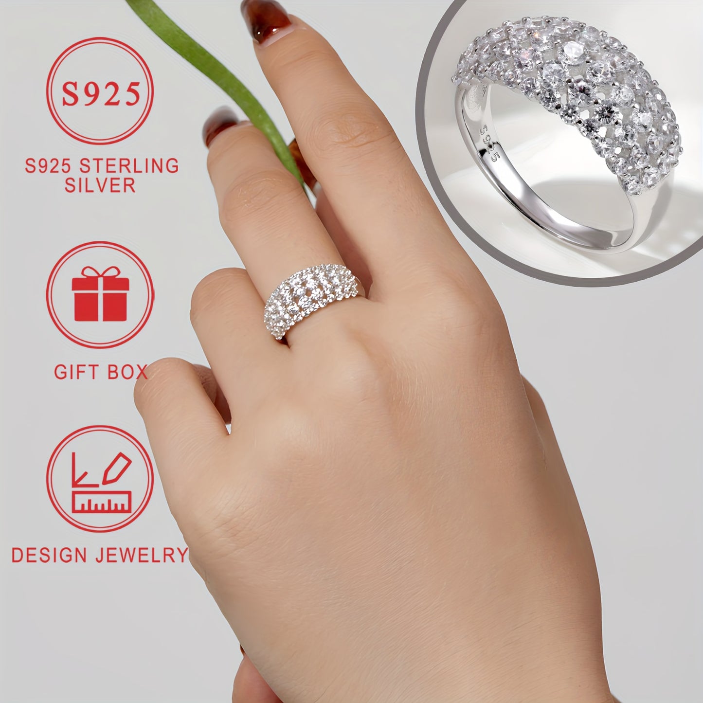 S925 Sterling Silvery Wide Version Ladies Ring Curved Diamond-studded Synthetic Zirconia Ring Ladies Stylish Design High Quality Ring Bead Jewelry Lovers Day Mothers Day Ramadan Eid al-Fitr Holiday Gift gift box
