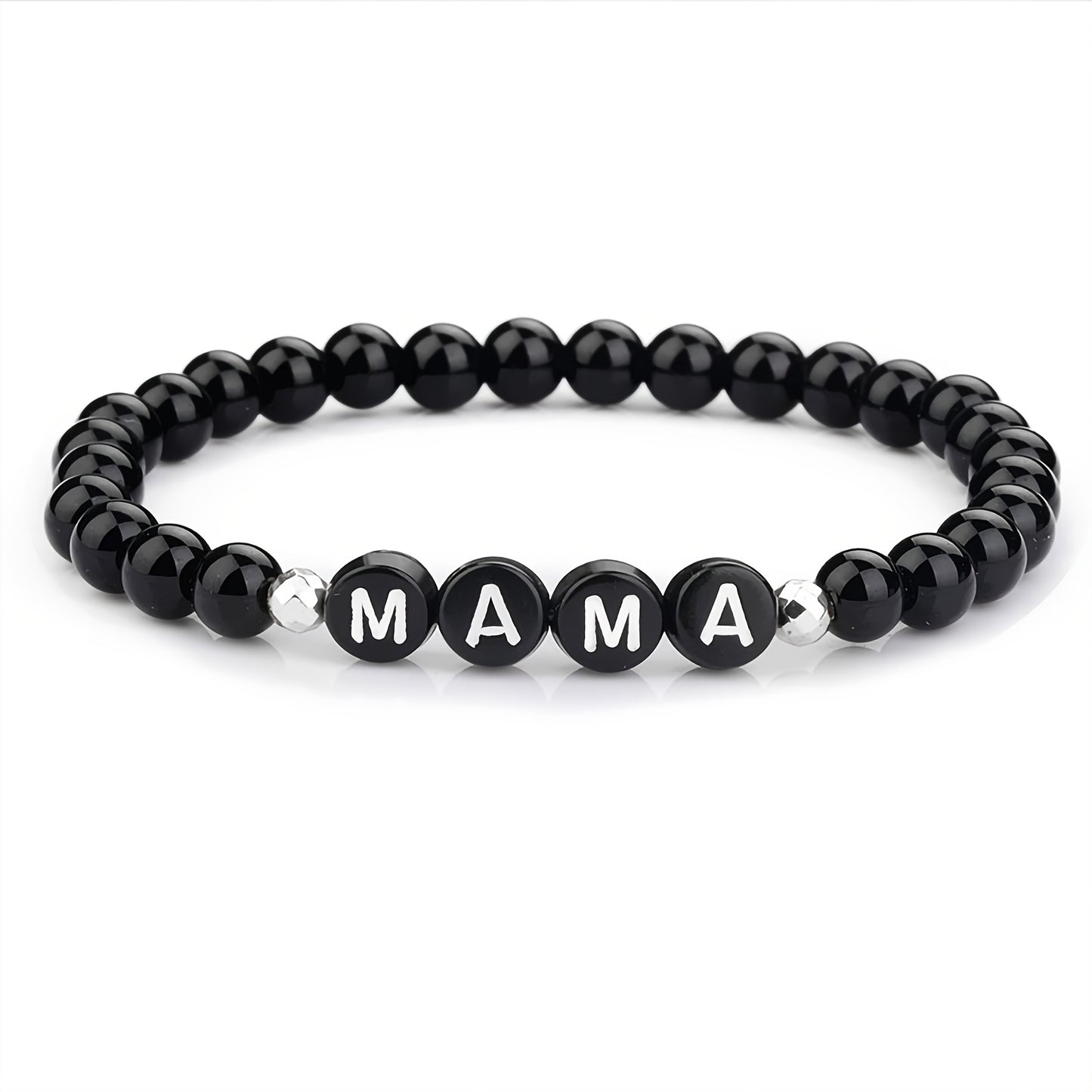 MAMA/ DAD Letter Beaded Bracelet Black Smooth Round Beads Stretch Father's Day/ Mother's Day Hand Jewelry Gift