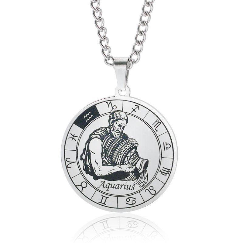 Stainless Steel Star Zodiac Necklace 12 Constellation Coin Pendant Necklace For Men Jewelry Gift For Birthday Anniversary