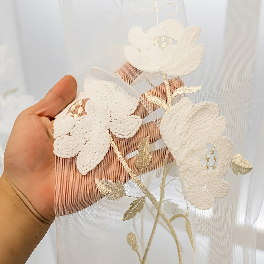 2pcs of Countryside Embroidered Flower Pattern, Uv-Resistant Transparent Curtains, Suitable for Home Decoration in Living Rooms, Bedrooms, Dining Rooms, Offices, Balconies, Etc.