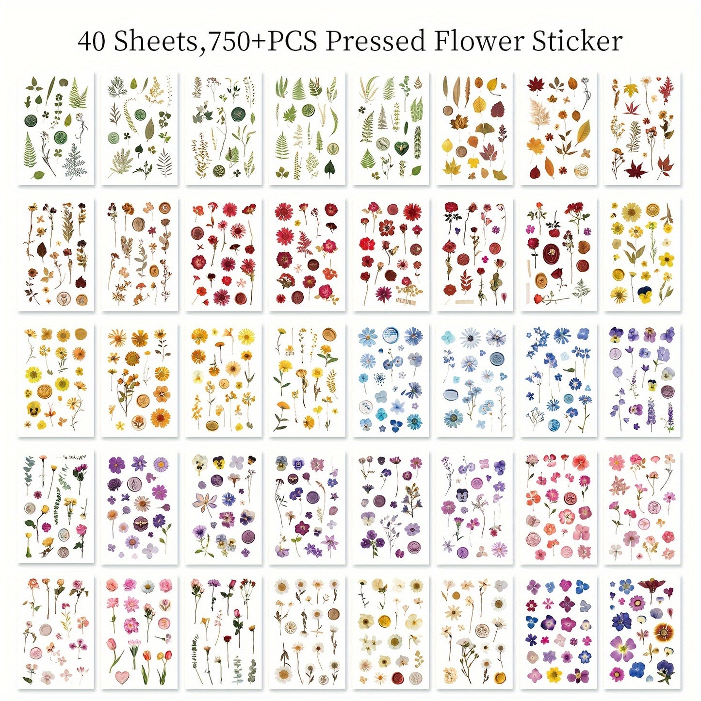 750pcs (40 Sheets) PET Resin Flower Stickers Kit - Watercolor Rub-On Resin Botanical Decals, Irregular Shapes with Roses, Daisies, Lavender, Tulips, Lilies for Scrapbooking, Junk Journals, Planners, Plasticky-like Layering
