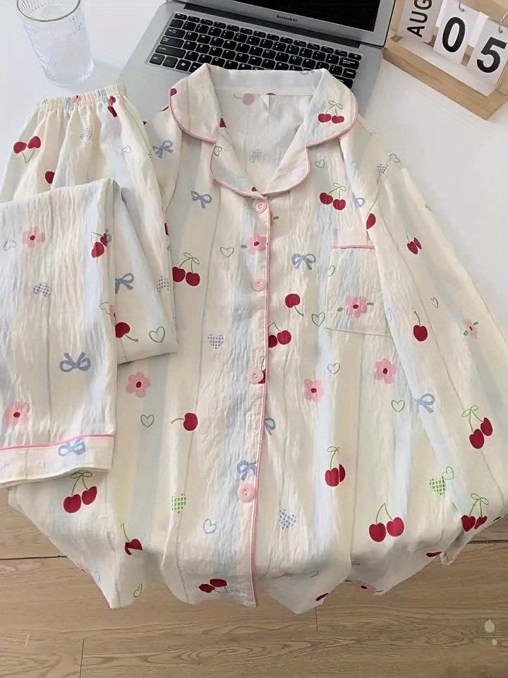 Cute Cherry Flower Bow Tie Print 2pcs Women's Pajamas Set Button Lapel Neck Design Women's Sleepwear New Cartoon Kawaii Homewear