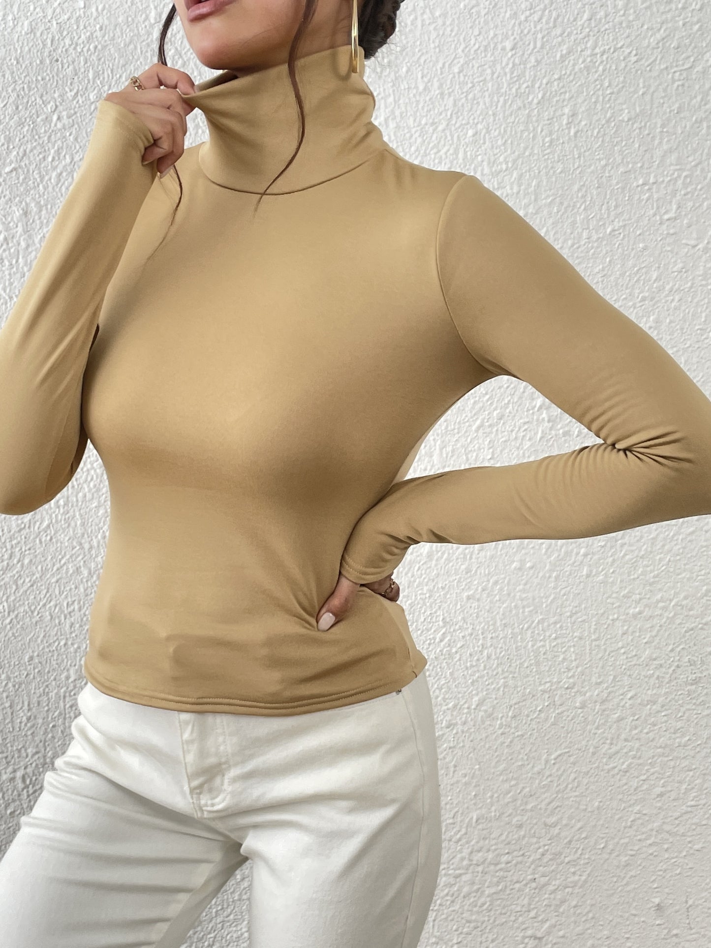 Women'S High-Neck Long Sleeve Crop Top - Stretchy Black Polyester Blend, Casual Chic Fit with Button Detail, Perfect for Fall/Winter, Casual Chic Top|Minimalist Style|Polyester Blend