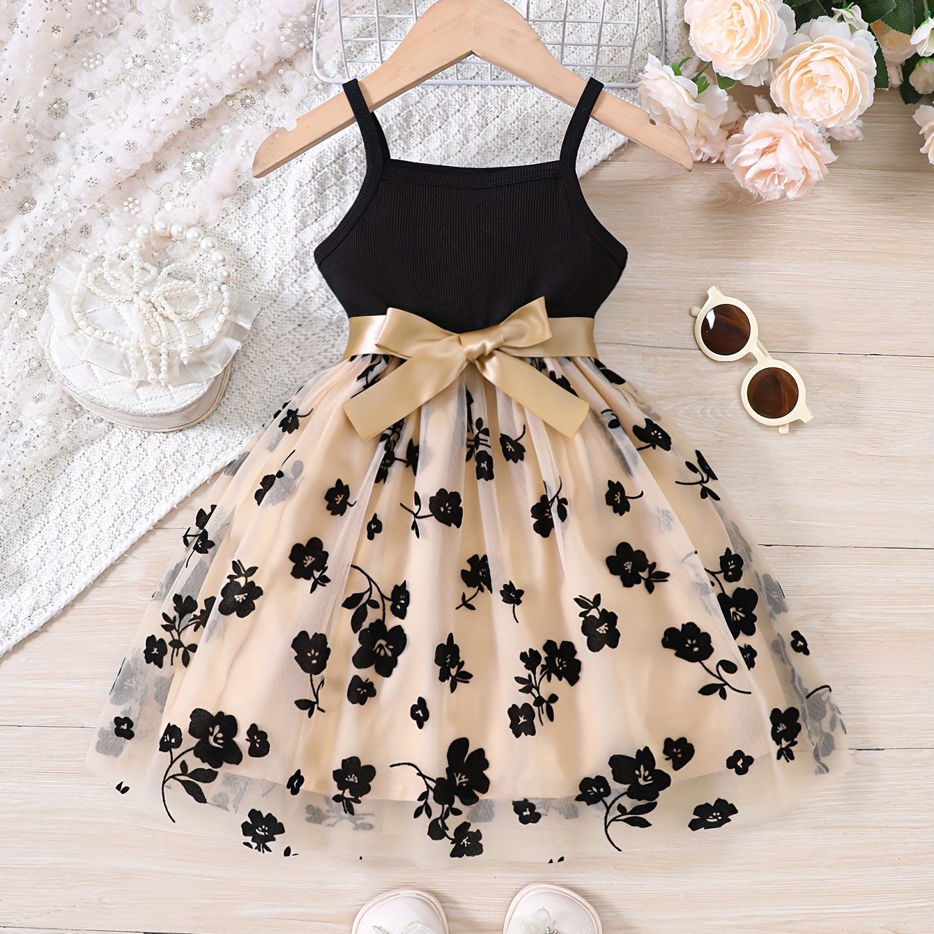 Splicing Flower Graphic Cami Tutu Dress Girls Summer Clothes Party Gift
