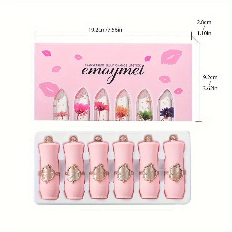 6-Piece Set of emaymei Vibrant Transparent Jelly Change Lipsticks - Featuring Crystal Golden Foil, Delicate Flower Petals, Shimmering Pink Hues, and Long-Lasting Moisturizing Formula for a Perfect Pout