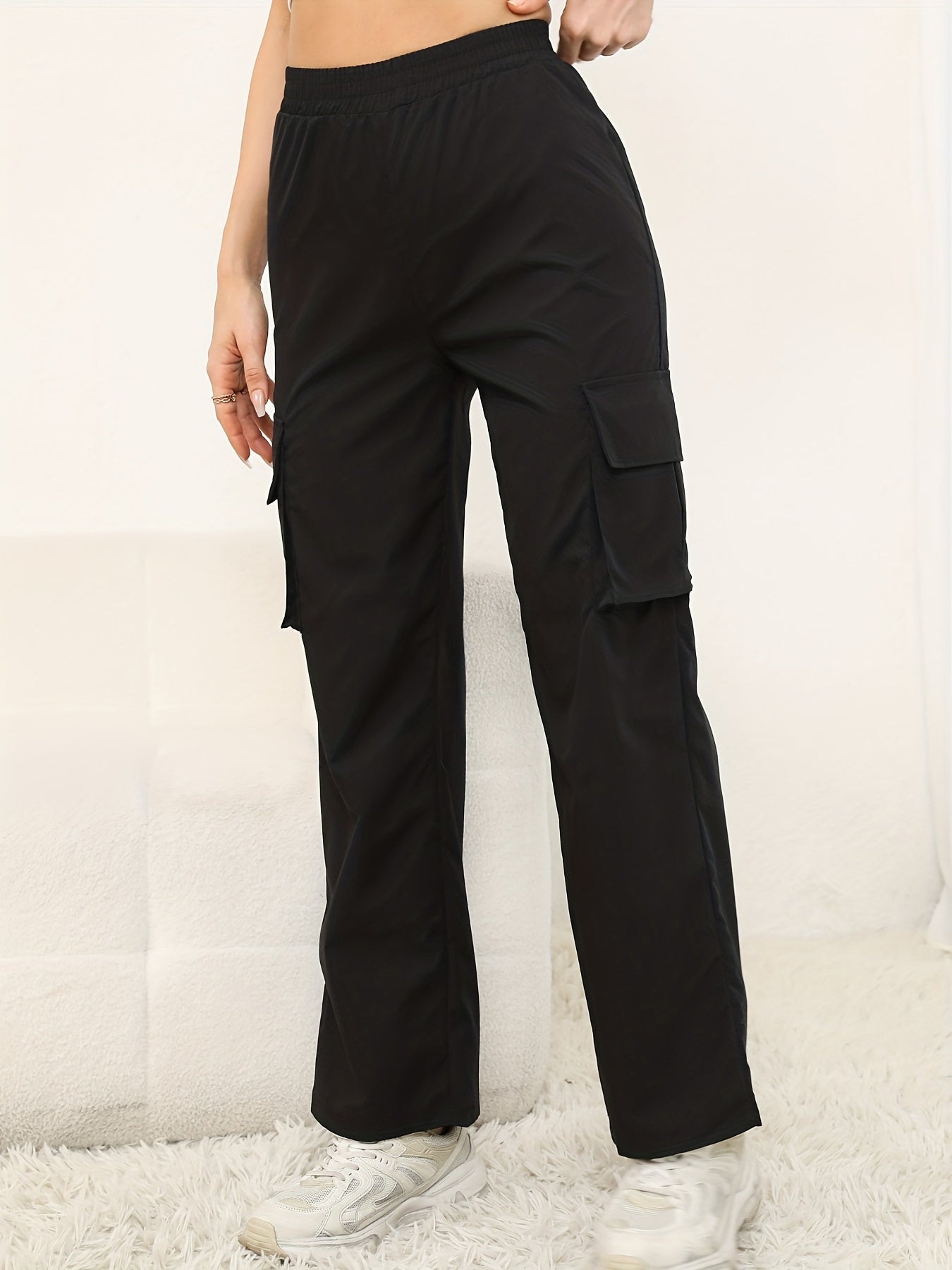 Solid Color Flap Pockets Straight Legs Trouser, High Waist Casual Wide Legs Cargo Pants, Women's Sweatpants