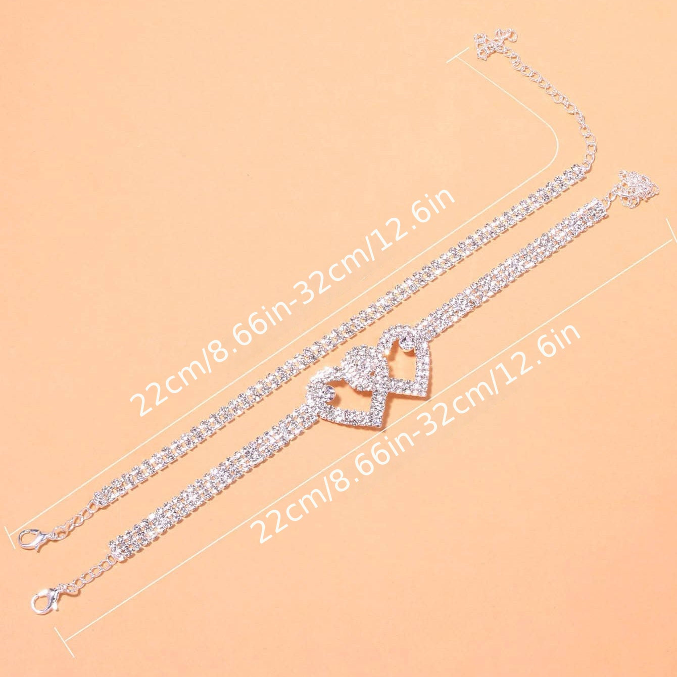 2 Pcs Double Love Heart Rhinestone Chain Anklet Set Shiny Beach Foot Jewelry Wedding Accessories