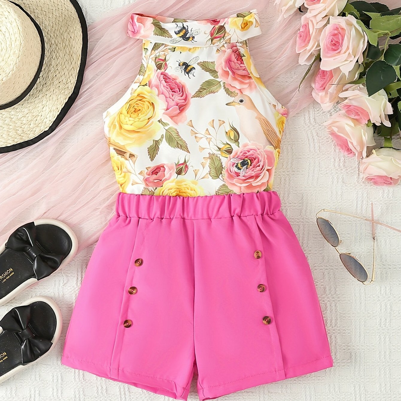 Sweet Girls 2pcs Flower Print Halter Neck Sleeveless Top + Shorts Set Summer Outdoor Clothes Gift