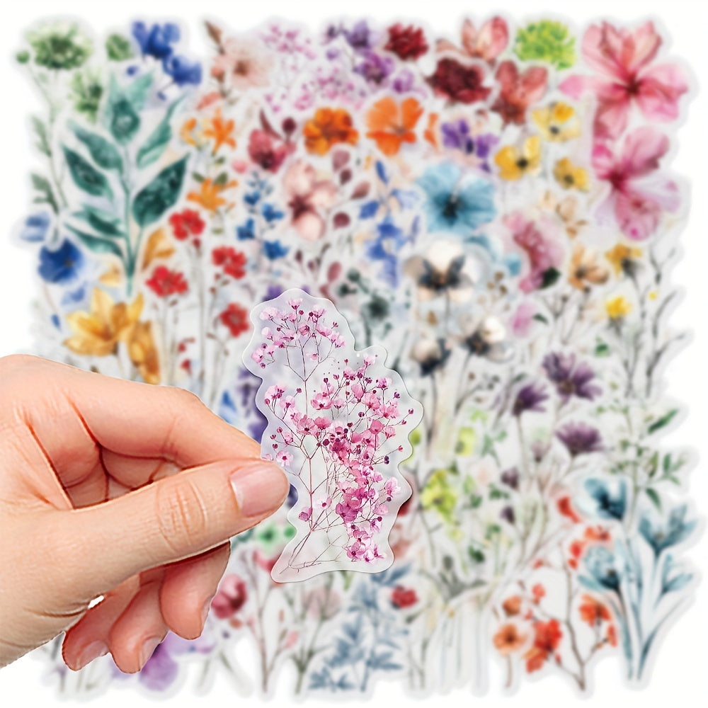 50pcs Transparent Flower Stickers, PET Plant Floral Decals for Scrapbooking, Journaling, DIY Crafts, Guitar, Notebook Decoration