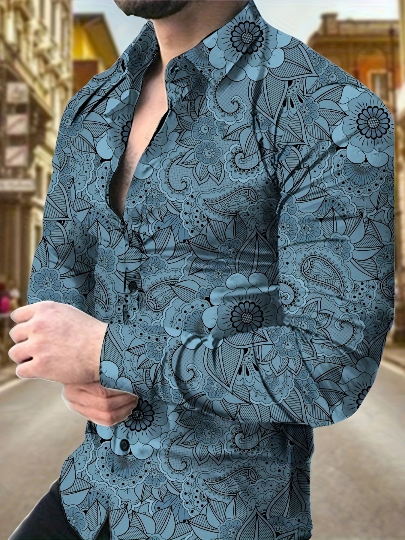 Retro Style Flower Print Men's Casual Long Sleeve Button Up Lapel Shirt, Spring Fall