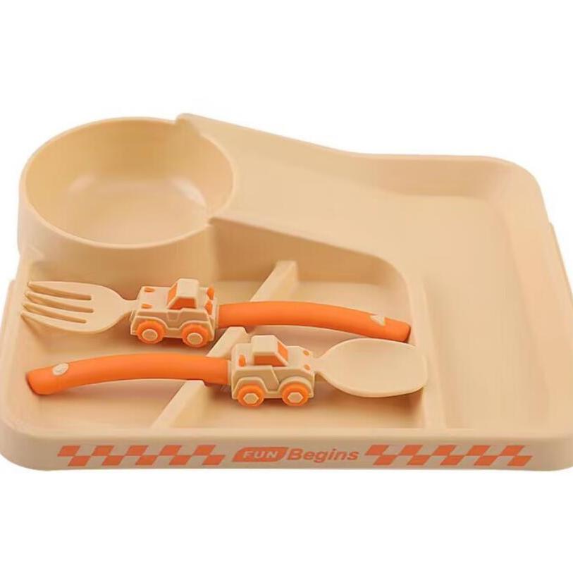 Children's Tableware Cartoon Racing Dinner Plate + Fork Spoon Independent Eating Divided Complementary Food Bowl Baby Suction Cup Non-slip Dinner Plate