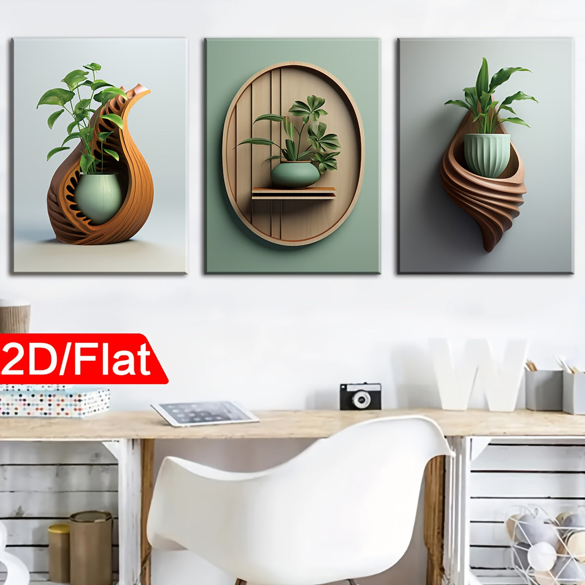 2D Flat Three 2D Printed Artworks with Frames, Including Canvas Paintings And Posters, Ready to Hang. They Feature a Modern Minimalist Style with Plant Vase Shapes, Creative Wood Carvings, And Serve As Home Decor, Wall Art, A