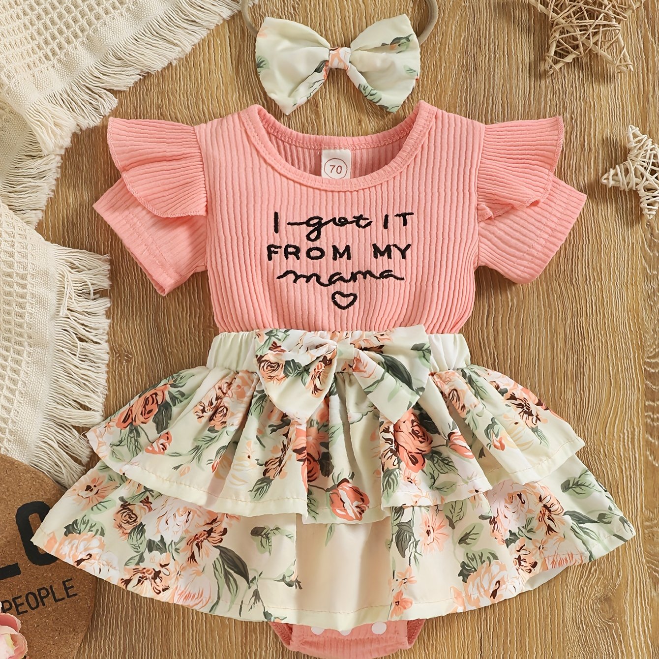 Baby Girls Spring Summer New Floral Skirt Swing Short Sleeve Romper Puffer Coat + Bow Headband Set, Suitable For Outdoor Wear