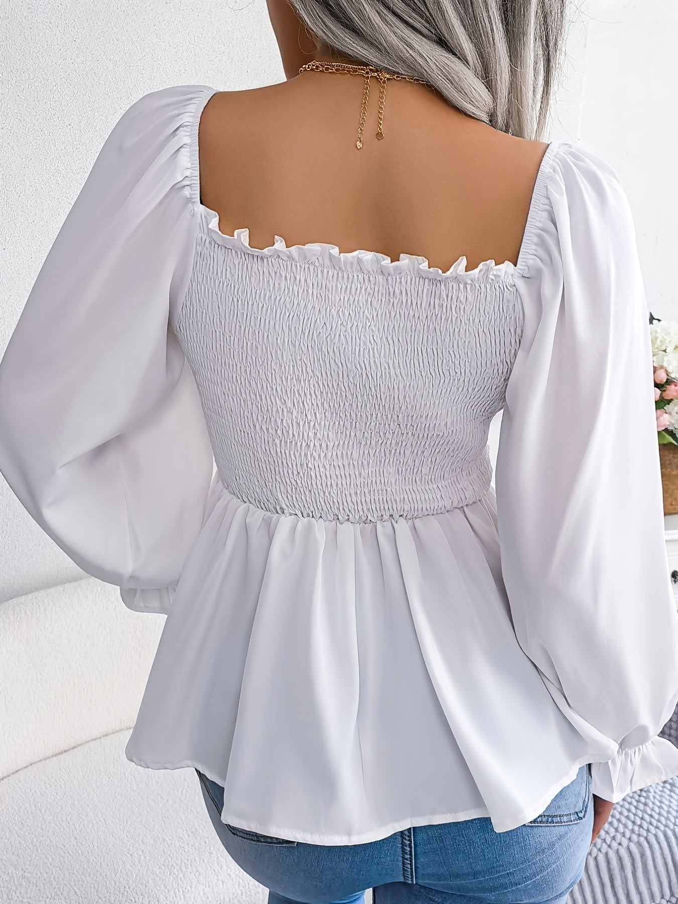 Shirred Lantern Sleeve Shirt, Casual Squared Neck Pleated Ruffle Trim Solid Shirt, Women's Clothing Wedding holiday vacation