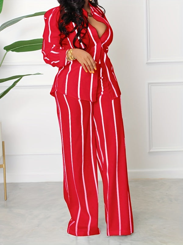 Striped Print Two-piece Set, Button Front Collar Long Sleeve Shirt & High Waist Wide Leg Loose Pants Set, Women's Clothing