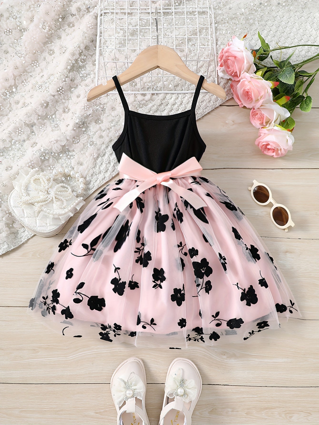 Splicing Flower Graphic Cami Tutu Dress Girls Summer Clothes Party Gift