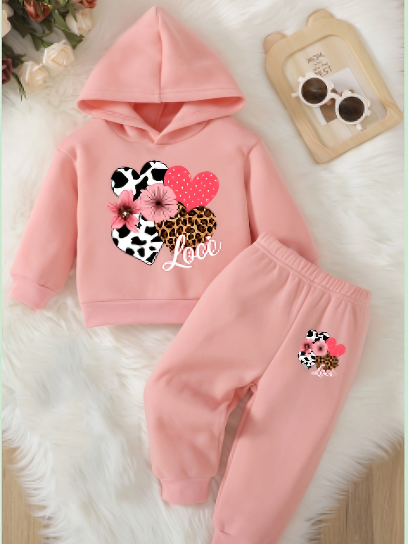 Baby Girl Love Love Flower Pattern Hoodie+Casual Pants Two Piece Set Spring and Autumn Sportswear, Perfect for Outdoor