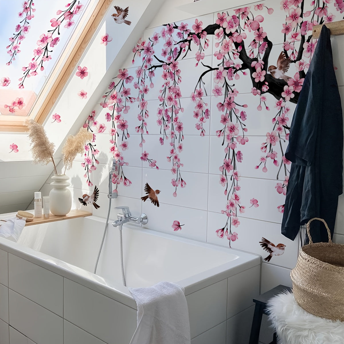 A Set of 4 Creative Pink Peach Blossom Tree Bird Falling Flower Bathtub Stickers for The Living Room, Bedroom, And Bathroom Wall Decor MS7194-YC