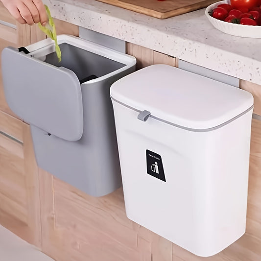 1pc Under Cabinet Door Hanging Trash Can - No Drill Installation, Durable Plastic Rectangular Kitchen Waste Bin with Lid, Space-Saving Pull-Out Cabinet Organizer for Utensils & Food Scraps (Black/White), Trash Cans for Kitche