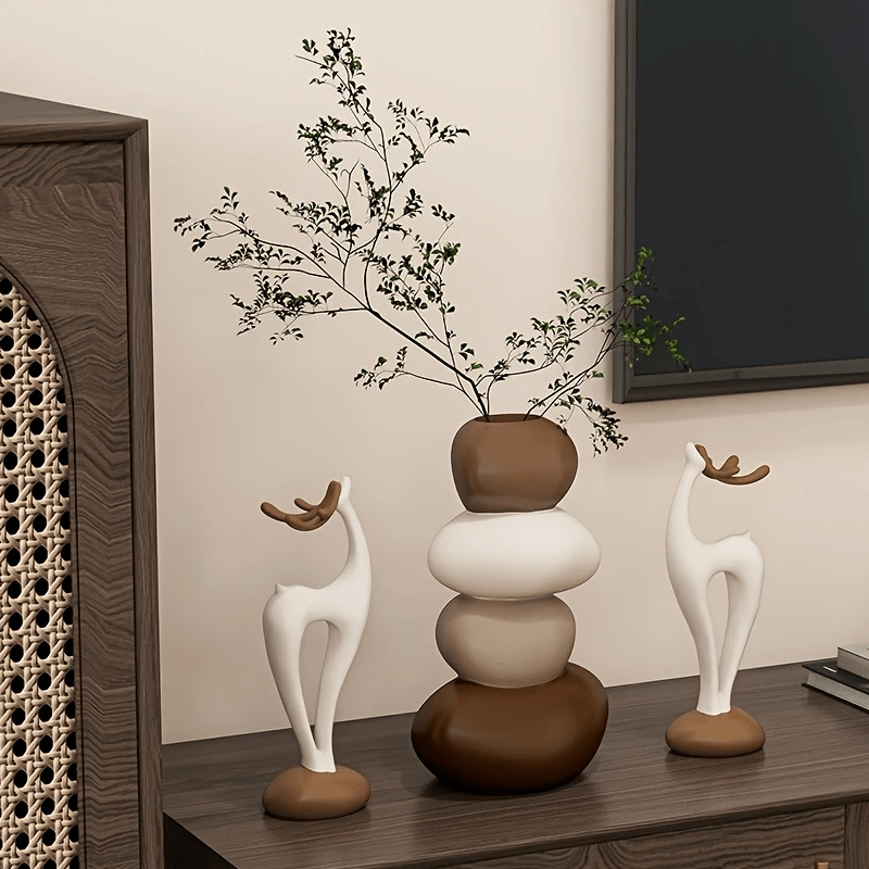[Creative Stacked Stone Vase] 3pcs Creative Stacked Stone Vase and Deer Figurine Set | Resin Ornaments for Living Room, Bedroom, Office Desk, Bookshelf – Unique Christmas Gifts for Family & Friends