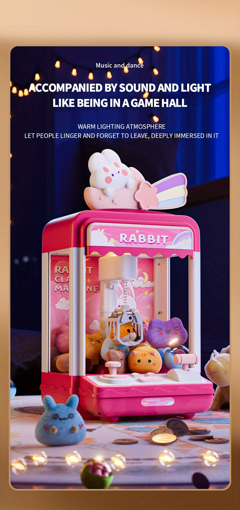 Claw Machine Toy, Party Clip Doll Gashapon Machine, Home Light And Music Two Power Supply Modes, Birthday Gift For Boys And Girls, Christmas Gift, Send 10 Dolls, 10 Capsule Eggs, Power Supply Line