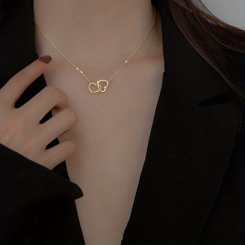 1pc, Exquisite Double Peach Heart Pendant Necklace - Stylish Metal Alloy Jewelry with Elegant Design, Perfect for Daily Wear, Party, Mothers Day, Valentines Day, and Birthdays - A Charming Clothing Accessory and Festival Gift