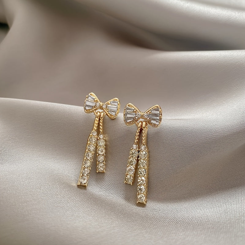 Elegant Silver-Plated Bowknot Earrings with Sparkling Cubic Zirconia Tassels - Ideal for Weddings and Gifts