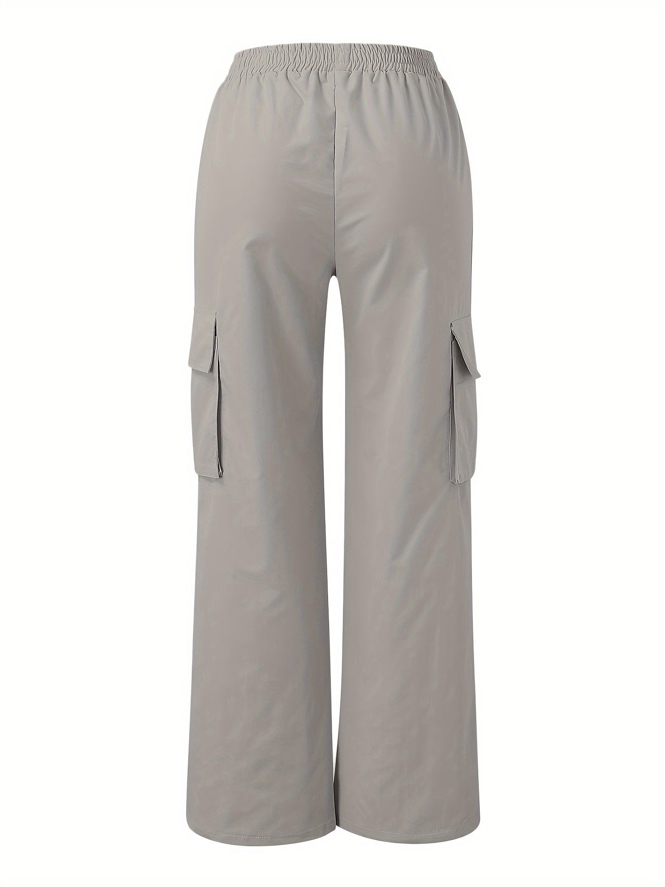 Solid Color Flap Pockets Straight Legs Trouser, High Waist Casual Wide Legs Cargo Pants, Women's Sweatpants