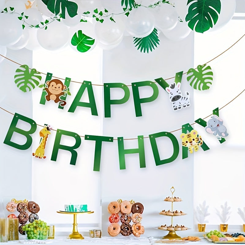 Paper Jungle Animal Happy Birthday Banner, Monkey Giraffe, Woodland, for Birthday Decoration, with Use Without Electricity, for Room, Garden, Entryway