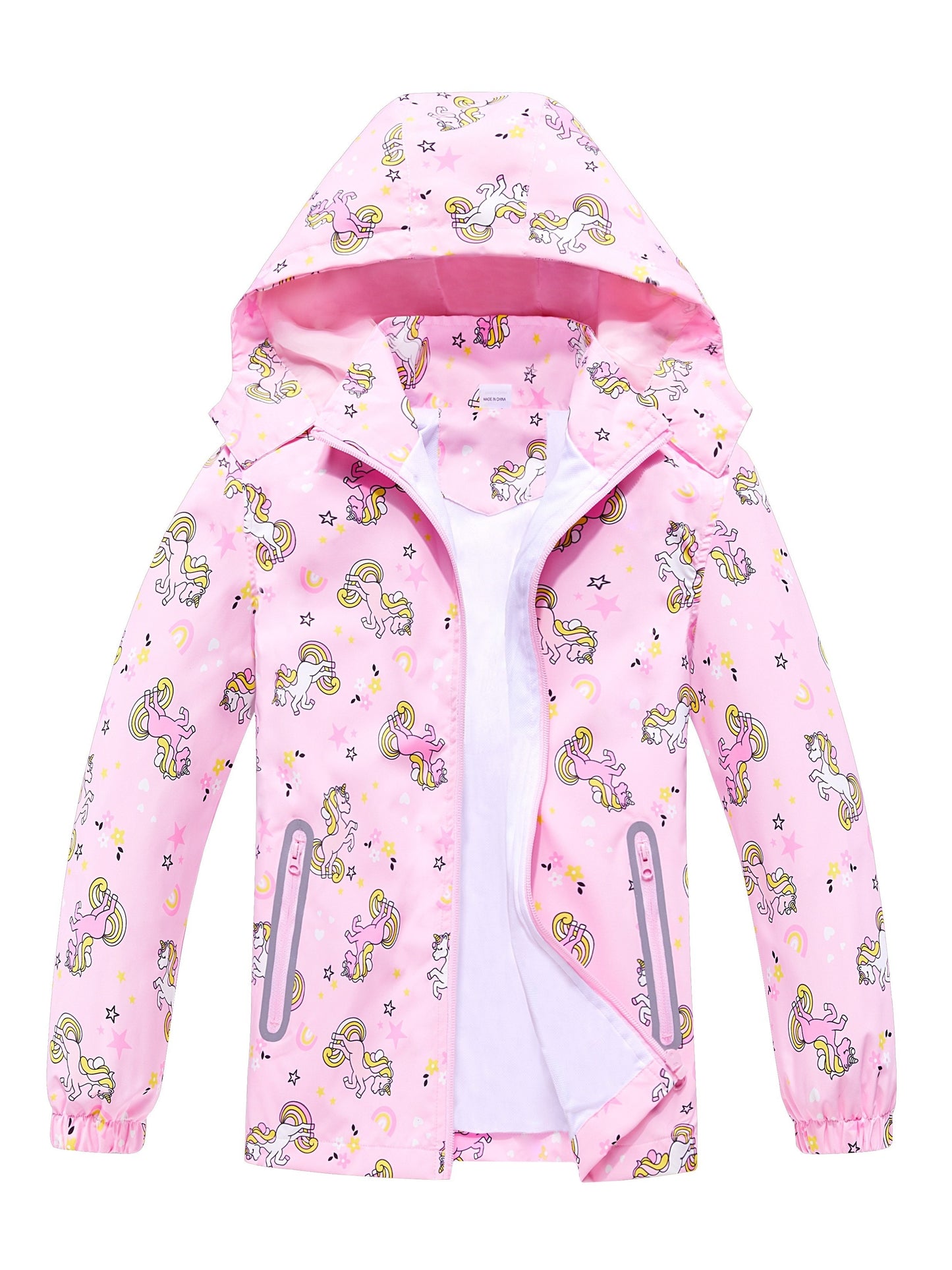Girls' Unicorn Jacket - Lightweight Windproof Hooded Outerwear with Removable Hood, Pastel Rainbow & Clouds Design, Zip-Up Front, Long Sleeves, and Pockets for Spring/Fall Casual Wear, Unicorn Clothes, Playful Kids Fashion, D