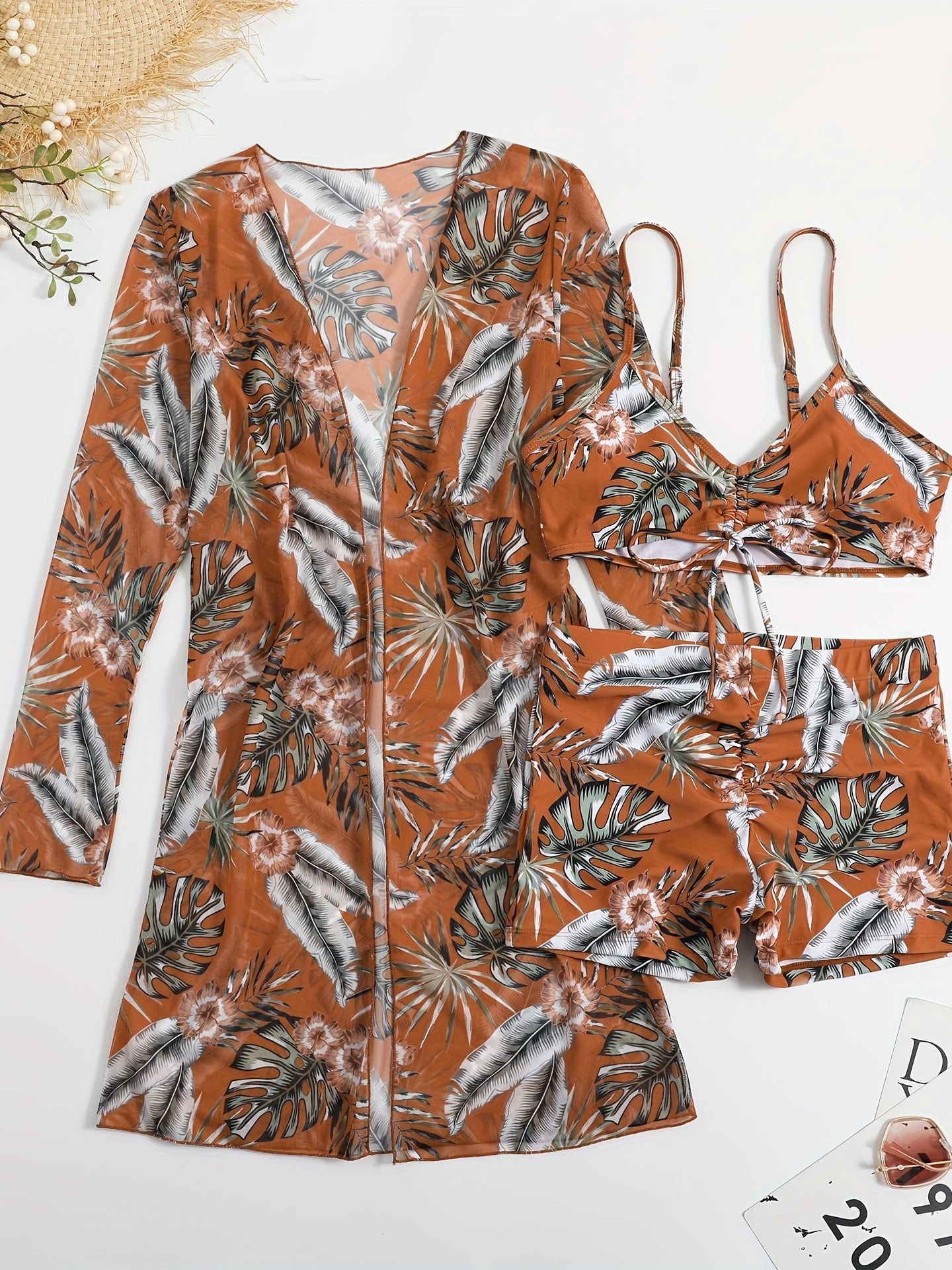 Three-piece swimsuit with flat-leg bikini for women, new style with split top and bow, fashionable beach and swimming outfit