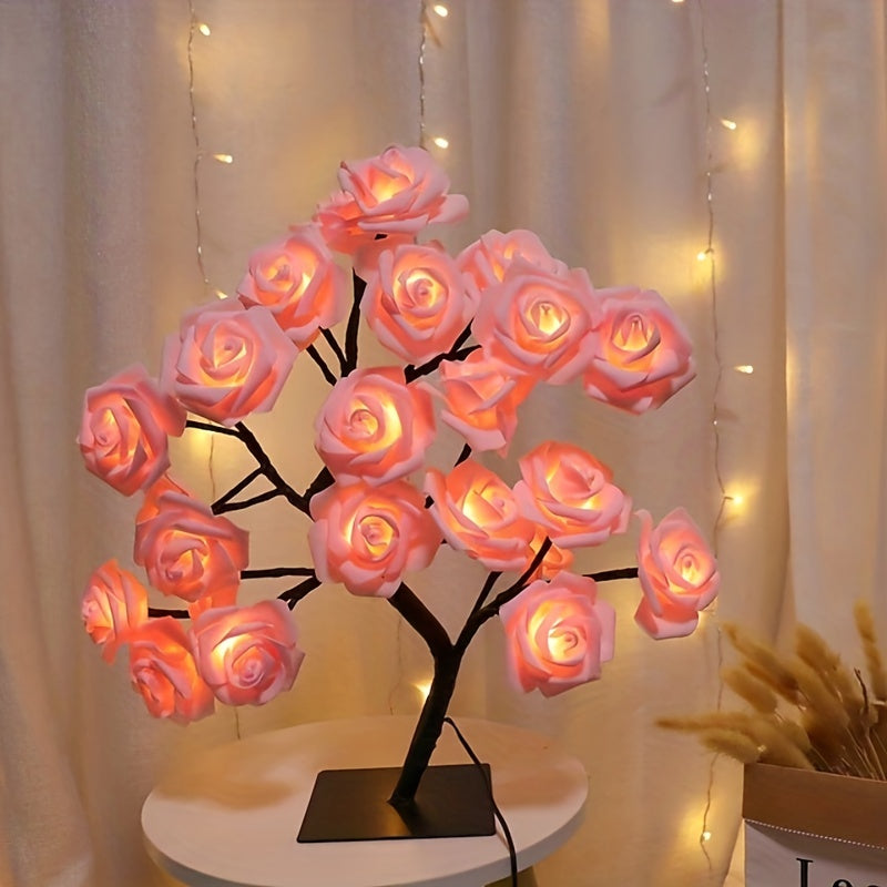 1pc LED Rose Flower Table Lamp, Valentine Tree Fairy Lights 24LED Rose Flower Tree Lights Valentine's Day USB Table Lamp Fairy Maple Leaf Night Light Home Party Christmas Wedding Bedroom Decoration Gift