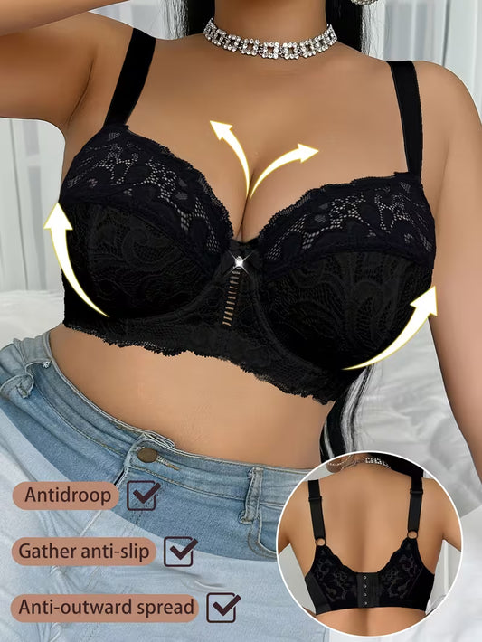 1pc Plus Size Women's Elegant Lace Patchwork Bra with Underwire Support - Full-Coverage for Plus Size (No Padding)