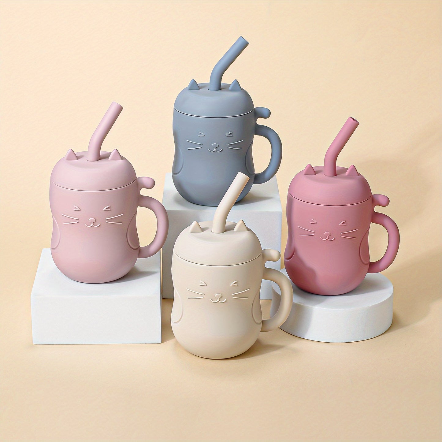 TYRY.HU Baby Learning Cup with Straw & Lid - Leak-Proof Soft Silicone Training Cup Suitable for, Feeding, Lid & Straw, Cute Cat, Easy to Clean, (4 Colors: ///)