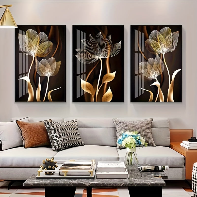 Golden Flower Canvas Art Trio - 3pc Elegant, Versatile Wall Decor Set, Frameless Luxury Prints for Every Room