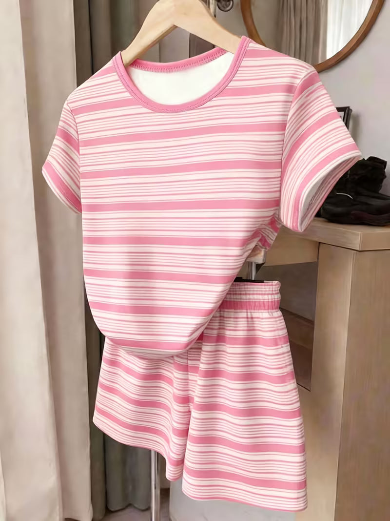 Pink Kids Striped Print Short Sleeve T-Shirt