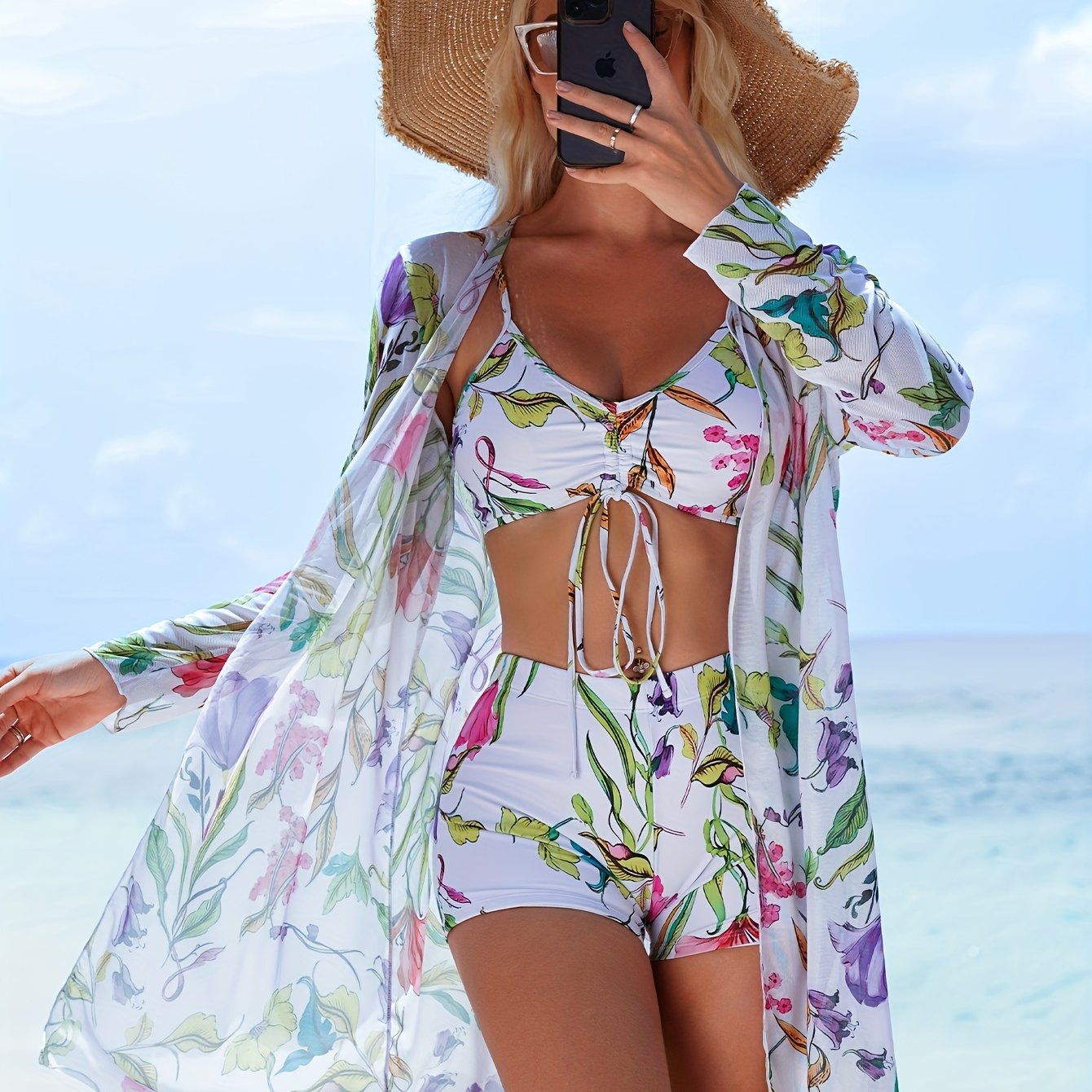 Three-piece swimsuit with flat-leg bikini for women, new style with split top and bow, fashionable beach and swimming outfit