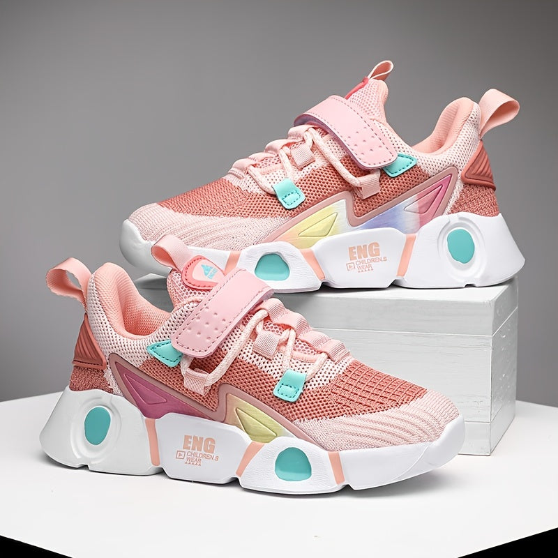 Girls' Breathable Knit Sneakers - Fashionable Striped Low-Top Sneakers with Closure, Lightweight & Comfortable for All Seasons, Pink & Black Design with Mesh Upper and EVA Sole, Youngsters Sneakers | Fashionable Striped Sneak
