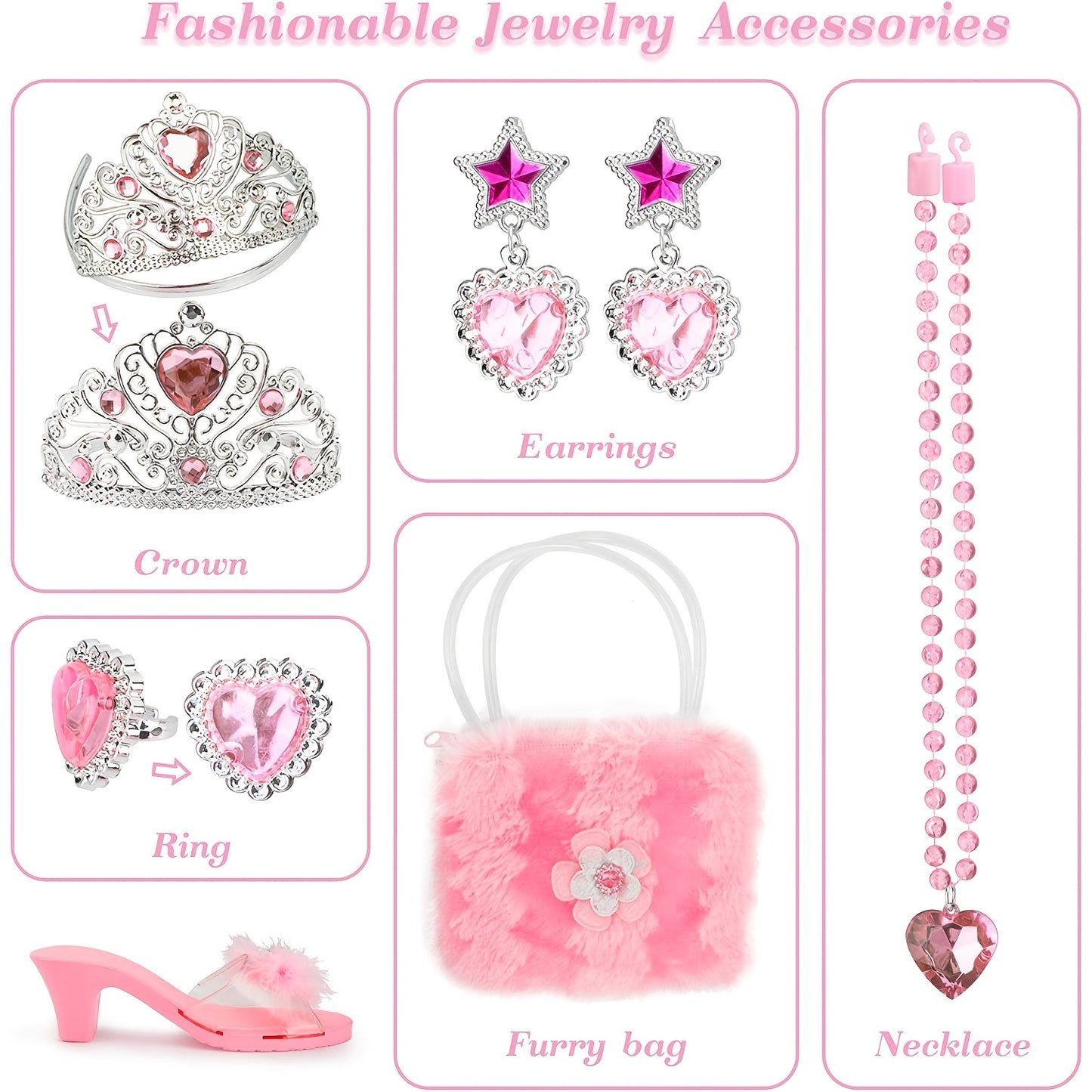 Princess Girl Dress-up Shoes, Role-playing Jewelry Toy Set 3 Pairs of Princess Shoes, Crown Earrings Necklace Ring Handbag Role-playing Shoe Set, Halloween Christmas Gift, Suitable for 3-6 Years Old