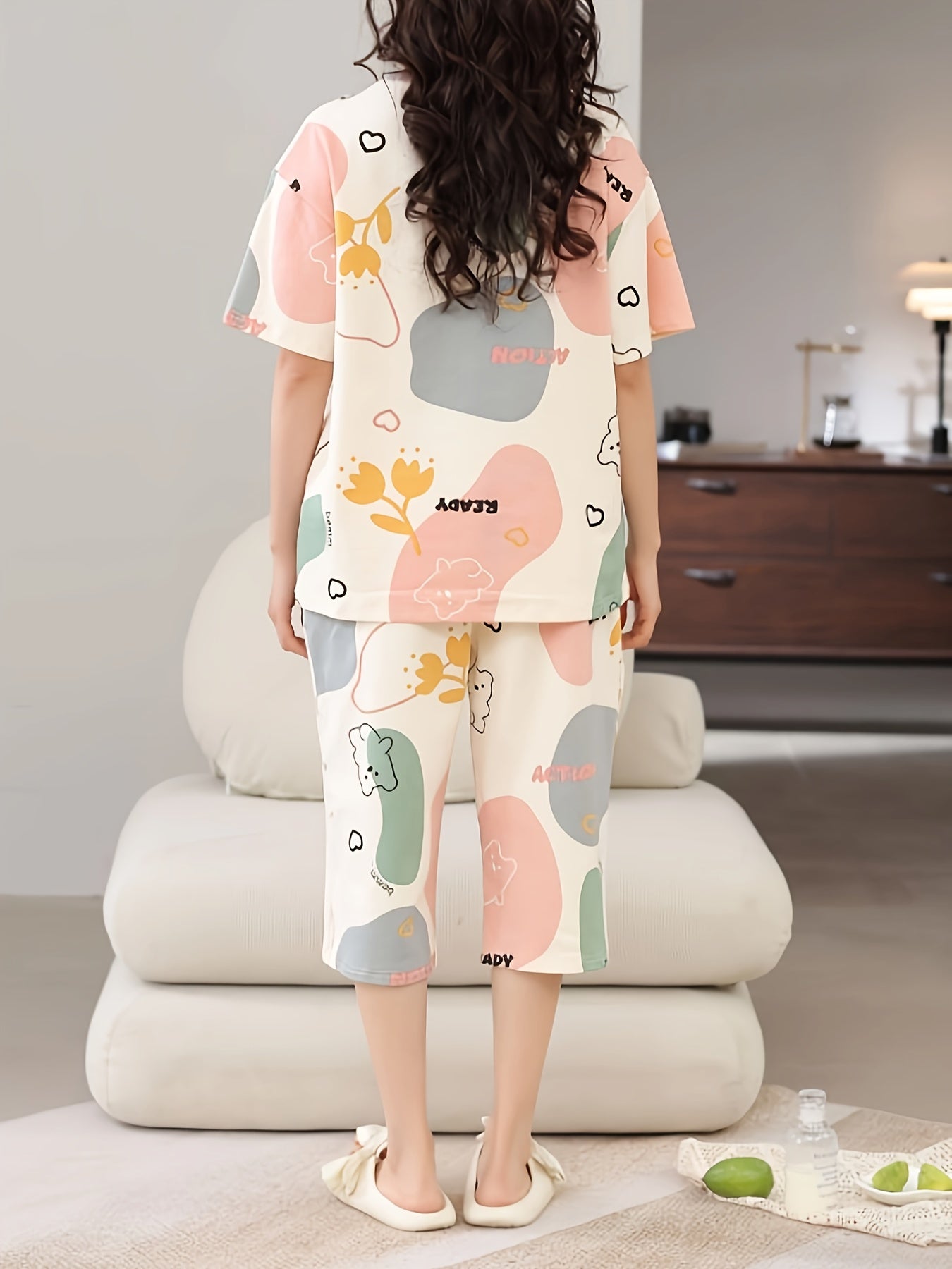 Cozy Cartoon Print Pajama Set - Soft Round Neck, Short Sleeve, Padded Top, Capri Pants, Breathable, Comfortable, Summer Sleepwear for Women - Cartoon Character Design, Relaxing Loungewear for Home